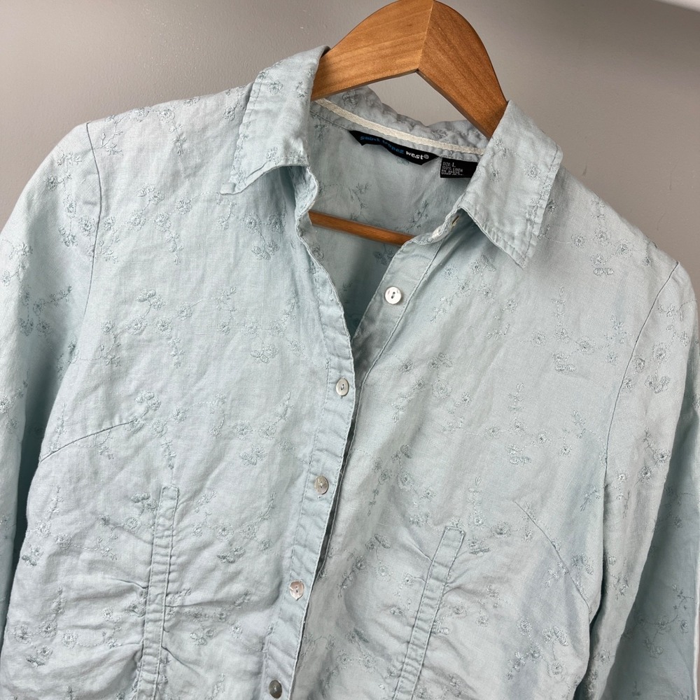 Saint Tropez West Linen Top Womens L Dusty Blue Floral Embroidered Button Up